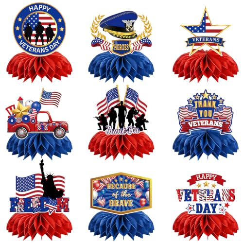 9Pcs Veterans Day Party Decorations Honeycomb Centerpieces, Patriotic Table Decorations, Veteran Day Table Decor for School Office Community Event Celebration - color: Veteran