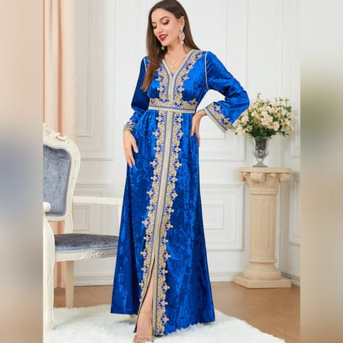 IDOPIP Muslim Women Velvet Dress Embroidery Abayas Long Sleeve V-Neck Moroccan Maxi Kaftan Dubai Robe Arabic Islamic Clothing - color: Royal Blue, size: Medium