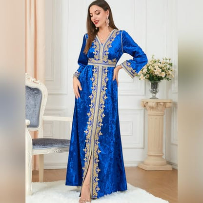 IDOPIP Muslim Women Velvet Dress Embroidery Abayas Long Sleeve V-Neck Moroccan Maxi Kaftan Dubai Robe Arabic Islamic Clothing - color: Royal Blue, size: Medium