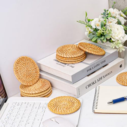 15 PCS 4 Inch Round Rattan Coasters, Handmade Braided Drink Coasters, 4 inch Rattan Woven Coaster for Home & Party