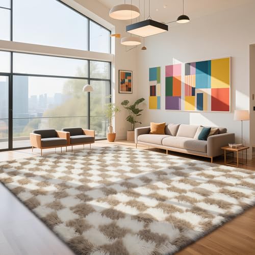 Checkered Rug for Living Room, 9x12 Beige and White Area Rugs, Classic Checkered Carpets Shag Area Rug, Bedside Rugs for Living Room Bedroom Room Home Decor - color: Beige and White, size: 9' x 12' (Rectangular)