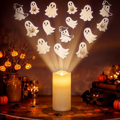 Baquler Halloween Projector Candle Ghost Projector Light Halloween Indoor Decoration Spooky Scary LED Flameless Candle Battery Operated Night Light with Remote Timer Bedroom Home Decor Party Gift - style: Ghost