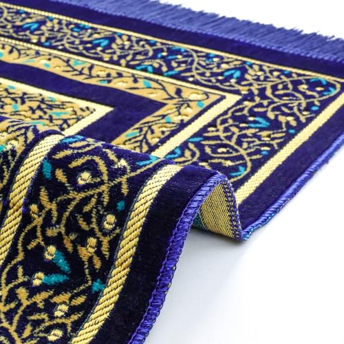 Muslim Prayer Rug, Soft Plush Thin Islamic Prayer Mat, Janamaz, Sajada, Praying Carpet, Islamic Gift for Men & Women, Islamic Mat, Navy, Eid & Ramadan Gift with Prayer Beads, 26x43 inch - color: Navy-sacred