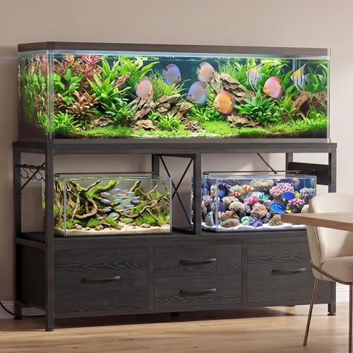 Heybly 55-75 Gallon Fish Tank Stand, Aquarium Stand with Drawer, Power Outlet, Heavy Duty Metal Frame, for Fish Tank, Turtle & Reptile Terrarium, 36.2" L × 18.1" Top, 660lbs (Top)+400lbs(Mid), Black HAS005BK - color: Black, size: 55-75 gal
