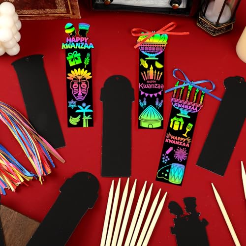 JUNEBRUSHS 30Pcs Kwanzaa Crafts for Kids, Rainbow Magic Scratch Art Paper Bookmarks Kwanzaa Gifts for Kids School Classroom Activities Games DIY Arts and Crafts Kit Party Favors - style: Kwanzaa Style