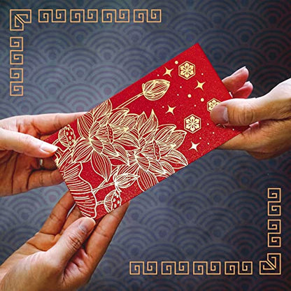 Prims & Flourish Chinese New Year Red Envelopes - 36-Count Chinese Red Packets, Hong Bao with Gold Foil Design, Gift Money Envelopes, Flowers and Bamboos - color: Water Lilies & Bamboos