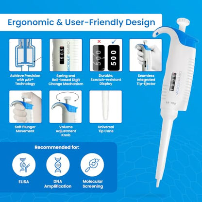Single-Channel Micropipette, Adjustable Volume (0.5-10µL) | Accurate & Calibrated Lab Pipette, Compatible with Microlit 10µL Tips - New Version - size: 0.5-10ul, style: Single-Channel