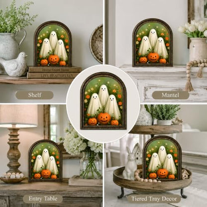 Cute Ghosts Pumpkin Arched Decor, Halloween Sign - color: Cute Ghost Pumpkin Trio