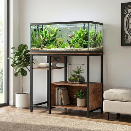 Heavy Duty 40-50 Gallon Aquarium Stand – 4-Tier Metal & Wood Open Storage Shelves, Built-In Power Outlets, Sturdy Legs, Multi-Purpose Rack for Fish Tank, Terrarium & Home Storage - Rustic Brown - color: Brown, size: 36.6"