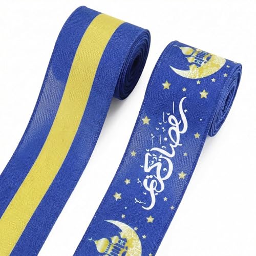Threetols 2 Rolls 10 Yards Ramadan Mubarak Wired Edge Ribbons, 2.5inch Blue Yellow Stripe Burlap Ribbon, Lantern Moon Star Ribbon for Eid Islamic Muslim Mosque DIY Craft Wreath Bow Wedding Party Decor