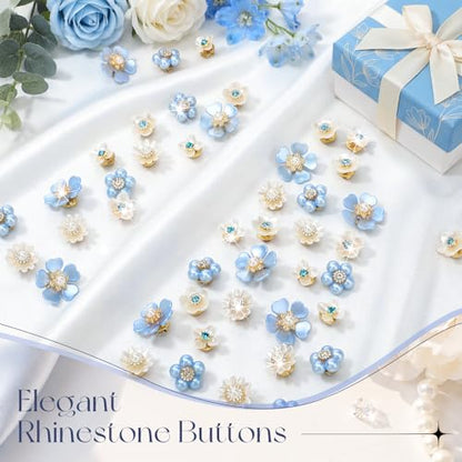 50 Pcs Pearl Rhinestone Brooch Pin Flower Embellishments Brooches and Pins for Women Lapel Pins No Sew Button Charms Accessories for Clothes Bags Wedding DIY Crafts, 5 Styles - color: Blue