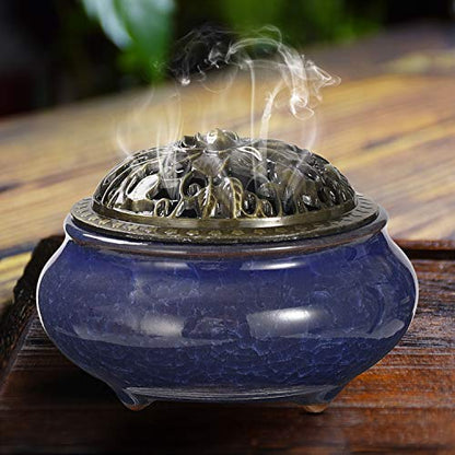 Miupoo Incense Burner and Cone Incense Holder with Brass Incense Stick Holder Ceramic Ash Catcher (Dark Blue) - color: Dark Blue