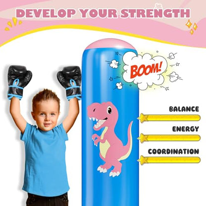 QPAU Inflatable Punching Bag, 48 Inch Stable Inflatable Boxing Bag for 3-6 Kids,Dinosaur Toy & Gifts for Boys and Girls, Kids Boxing Set for Practicing Karate, Taekwondo - color: Dinosaur Pink