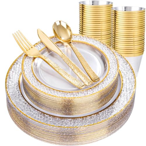Nervure 150PCS Clear Plastic Plates with Gold Hammered Silverware Set - color: Clear