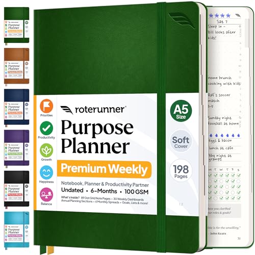 Roterunner Purpose Planner Notebook A5 5.8”x8.3” Undated 2026 Daily Weekly and Monthly Productivity Goal Setting Tool for Work Home ADHD Planner for Adults Self Care Journal (Green Softcover) - color: Green, size: A5 Softcover