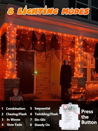 2 Pack 200 LED Battery Operated Halloween Lights, String Lights 8 Modes - color: Orange, size: 2PK(100LED)