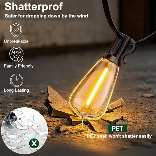 100FT Remote Outdoor String Lights for Outside, 50+2 LED Waterproof Shatterproof Edison Dimmable Timer Bulbs, 2500K Warm White Patio Lights for Garden Backyard Yard Hanging Lighting - size: 100FT