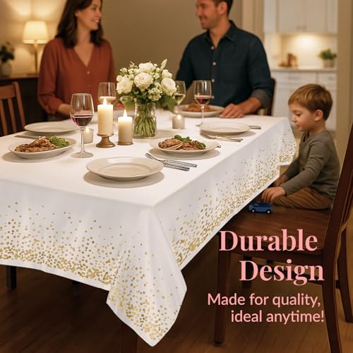 Prestee 12-Pack White and Gold Tablecloth - 54x108 Inch - Disposable Table Covers for Party, Weddings, and Holidays - Waterproof Christmas Tablecloth, Stain-Resistant Plastic Table Cover Set - color: White/Gold, size: Rectangle (12 Pack)