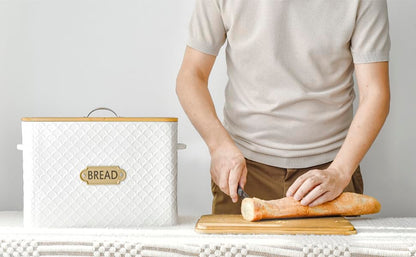 EMAX HOME Extra Large Space Saving Farmhouse Bread Box With Wood Lid - Holds 2 Loaves - Vertical Breadbox Bread Storage Bin Holder for Kitchen Countertop, White - color: Fish Scale Embossing