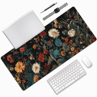 XXL Gaming Mouse Pad 35.4 x 15.7 Inch, Large Floral Desk Mousepad with Vintage Botanical Design, Water-Resistant, Stitched Edges, Non-Slip Rubber Base Desk Mat for Gaming & Office