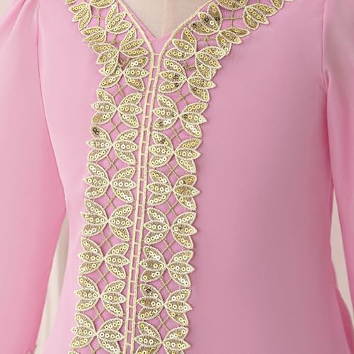Toddler Girls Muslim Abaya Dress Islamic Dubai Modest Lace Belted Dress Abayas Kaftan Eid Prayer Clothes Arabian Maxi Robe - color: Pink-c, size: 4-5T