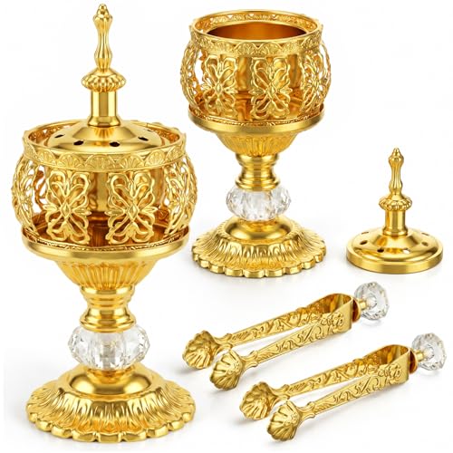 Zonon 2 Sets Gold Incense Burner with Tong, Frankincense Charcoal Incense Stand Holder, Ideal for Yoga, Spa, Aromatherapy, Home and Christian Church Censer (Elegant) - color: Gold, size: Elegant