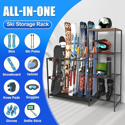 Freestanding Ski Rack, Ski Storage Rack w/Width-Adjustable Bars, Ski & Snowboard Rack Organizer for Garage, Home