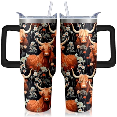 40oz Highland Cow Tumbler with Handle and Straw, Stainless Steel Insulated Cup with Lid and Straw, Travel Coffee Mug Water Bottle, Birthday Mothers Day Gifts for Women Men Animal Lovers - color: Highland Cow