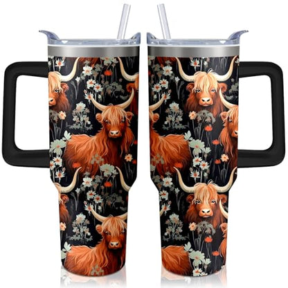 40oz Highland Cow Tumbler with Handle and Straw, Stainless Steel Insulated Cup with Lid and Straw, Travel Coffee Mug Water Bottle, Birthday Mothers Day Gifts for Women Men Animal Lovers - color: Highland Cow