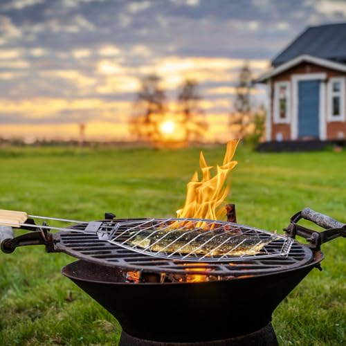 Fish Grill Basket, Iron Foldable Basket with Wooden Handle Non-Stick Grilling Rack Outdoor Cooking Tools Accessories Ideal for Any Fish Barbecue