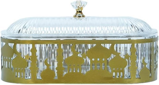 Middle Eastern Ornate Ramadan Tray with Lid, Gold, 9x18.2x9cm, Food Tray with Lid, Dessert, Snacks, Dry foods - color: Gold Ramadan Tray