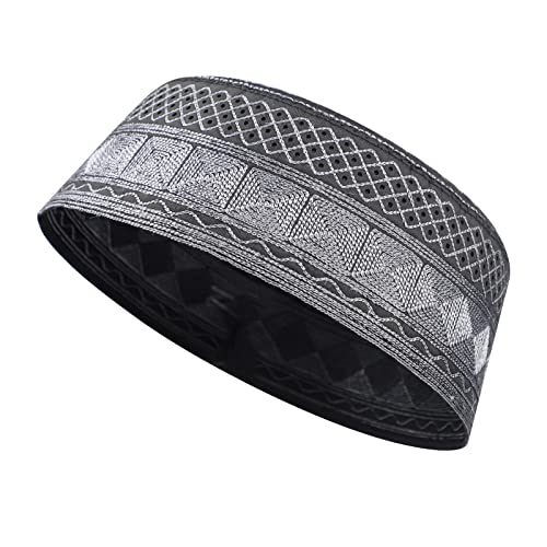 Muslim Prayer Kufi Hat for Men Boys Islamic Beanie Skull Cap Prayer Headwear Embroidery Kofia Topi Sun Hat Ramadan Eid Gift - color: White, Chain Embroidery