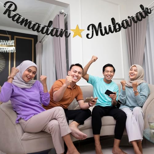 Ramadan Mubarak Banner - Ramadan Mubarak Decorations, Muslim Eid Mubarak Kareem Bunting Sign, Muslim Islamic Festival Party Decorations Black Glitter