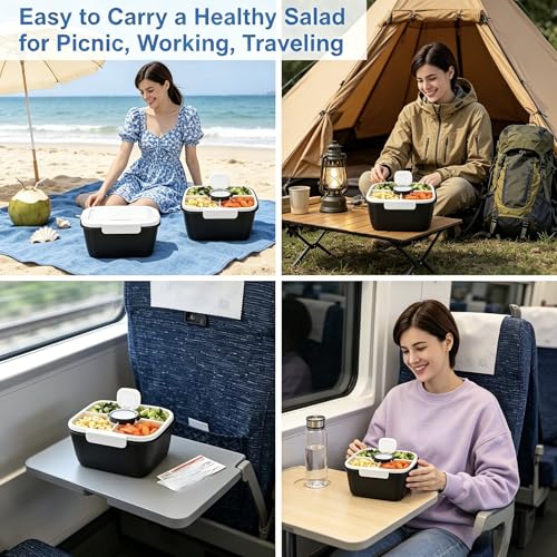 5-in-1 Lunch Boxes Salad Bowl Set with Lid, Compartment Tray, Salad Spoon, and 2oz Dressing Container – Portable Bento-Style Lunch Container for Meal Prep, Work, Travel, and Picnic