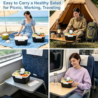 5-in-1 Lunch Boxes Salad Bowl Set with Lid, Compartment Tray, Salad Spoon, and 2oz Dressing Container – Portable Bento-Style Lunch Container for Meal Prep, Work, Travel, and Picnic