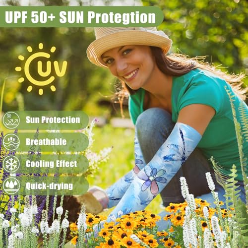 Bebila Gardening Sleeves for Women Farm UV Sun Protection Anti-Scratch Cooling Sleeves with Thumb Hole Arms Cover Outdoors - color: Dragonfly