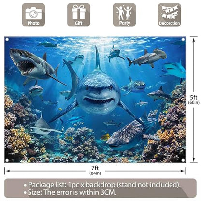 7x5ft Shark Theme Under the Sea Photography Backdrop | Underwater World, Kids Party Supplies, Aquarium Coral Reef Shallows Banner, Deep Ocean Photo Booth, Polyester, Grommets, 1PC - size: 7'x5'