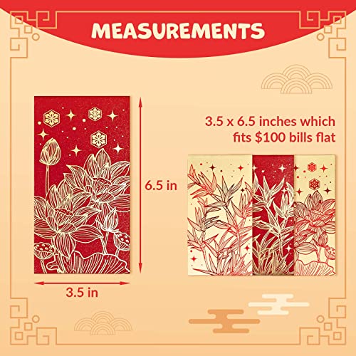 Prims & Flourish Chinese New Year Red Envelopes - 36-Count Chinese Red Packets, Hong Bao with Gold Foil Design, Gift Money Envelopes, Flowers and Bamboos - color: Water Lilies & Bamboos