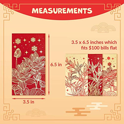 Prims & Flourish Chinese New Year Red Envelopes - 36-Count Chinese Red Packets, Hong Bao with Gold Foil Design, Gift Money Envelopes, Flowers and Bamboos - color: Water Lilies & Bamboos