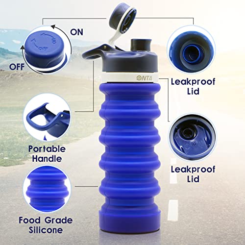 ONTA Collapsible BPA Free Silicone Water Bottle, 20oz - Portable, Leakproof, Easy Clean, Shatter Resistant, Travel Friendly - color: Darkblue, size: 18.6 Ounces
