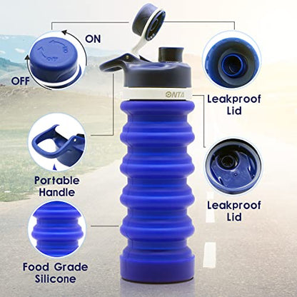 ONTA Collapsible BPA Free Silicone Water Bottle, 20oz - Portable, Leakproof, Easy Clean, Shatter Resistant, Travel Friendly - color: Darkblue, size: 18.6 Ounces