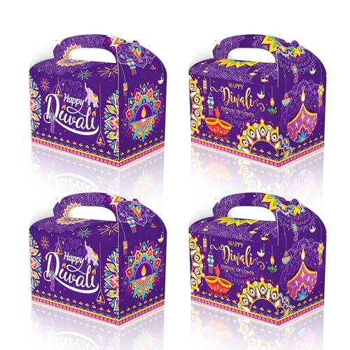 12 Packs Diwali Treat Gift Boxes Indian Festival of Lights Birthday Party Gift Box Diwali Candy Goodie Cardboard Boxes with Handles for Hindu Deepavali Diwali, Baby Shower Birthday Party Supplies Favors