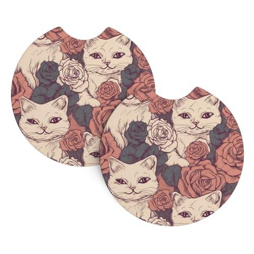 2 Pack Car Coaster for Cup Holders Rose Cat Car Cup Coaster 2.7" Neoprene Non-Slip Automotive Cup Mat Universal Auto Car Interior Accessories for Women Men Cup Pad - color: Rose Cat