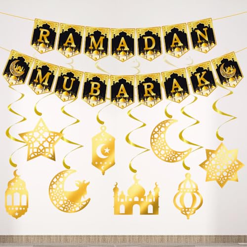 18 Pcs Eid Mubarak Banner, Ramadan Kareem Banner with Eid Mubarak Hanging Swirls Streamer Bunting, Ramadan Kareem Banner for Ramadan Decorations, Muslim Eid Mubarak Festival Garland Banner