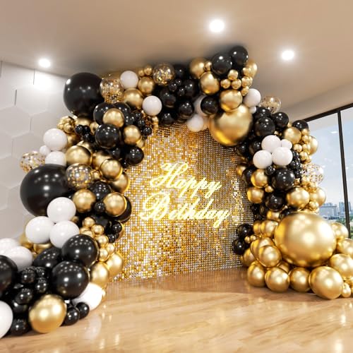 Black and Gold Balloon Arch Kit, ADOINBY 140Pcs Black White Metallic Gold Confetti Latex Balloons 18 12 10 5 Inch Different Size Balloons for Birthday Anniversary Graduation Wedding Party Decorations - color: Black and Gold White