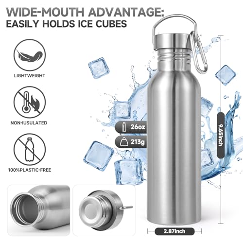 Volhoply 26oz Uninsulated Single Walled Water Bottle, Stainless Steel Reusable Water Bottles with Handle & Carabiner, BPA Free Wide Mouth Water Bottles for Gym Sports Camping(Silver,1) - color: Silver