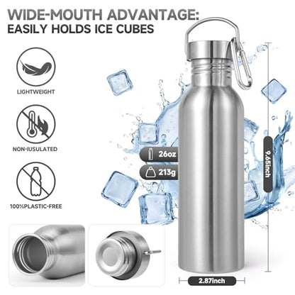 Volhoply 26oz Uninsulated Single Walled Water Bottle, Stainless Steel Reusable Water Bottles with Handle & Carabiner, BPA Free Wide Mouth Water Bottles for Gym Sports Camping(Silver,1) - color: Silver