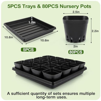 80Pcs 2.5inch Square Nursery Pots with 5Pcs Seed Starting Trays, Seed Starter Tray Kit, Seeds Starting Germination, Seeding Pots with Drain Holes, Small Plant Nursery Propagation - size: 2.5Inch
