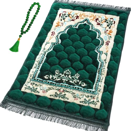 Funvalley Surperfect Premium Prayer Mat with Tasbih Prayer Beads-Large Soft Non-Slip Muslim Prayer Rug,Elegant Green Design for Home,Mosque,Travel-Eid Ramadan Gift for Women,Men,Kids
