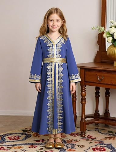 Muslim Dress for Kids Girls Abaya Middle East Ramadan Long Sleeve Lace Prayer Dress Arabic Kaftan with Belt - color: Royal Blue, size: 9-10 Years